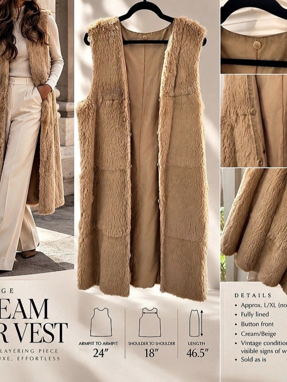 Vintage Cream Rabbit Fur Long Vest – oversized